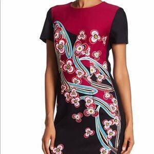 NWOT Trina Turk Natasha Dress Floral Sheath Sz 12 Short Sleeve Plum Black